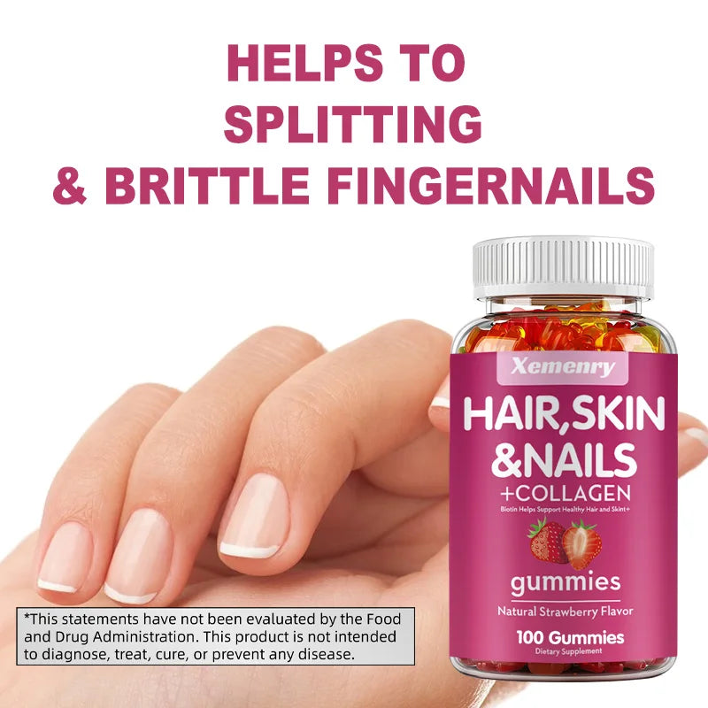 Gummies à la biotine - Soutient les cheveux, la peau, les ongles et le collagène, Éclaircit le teint - 100 gummies