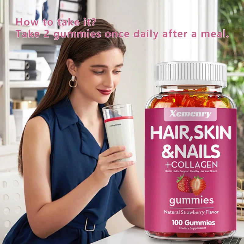 Gummies à la biotine - Soutient les cheveux, la peau, les ongles et le collagène, Éclaircit le teint - 100 gummies