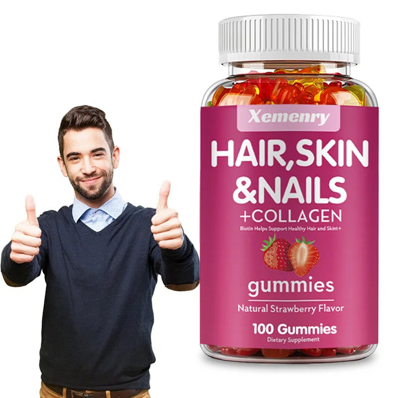 Gummies à la biotine - Soutient les cheveux, la peau, les ongles et le collagène, Éclaircit le teint - 100 gummies