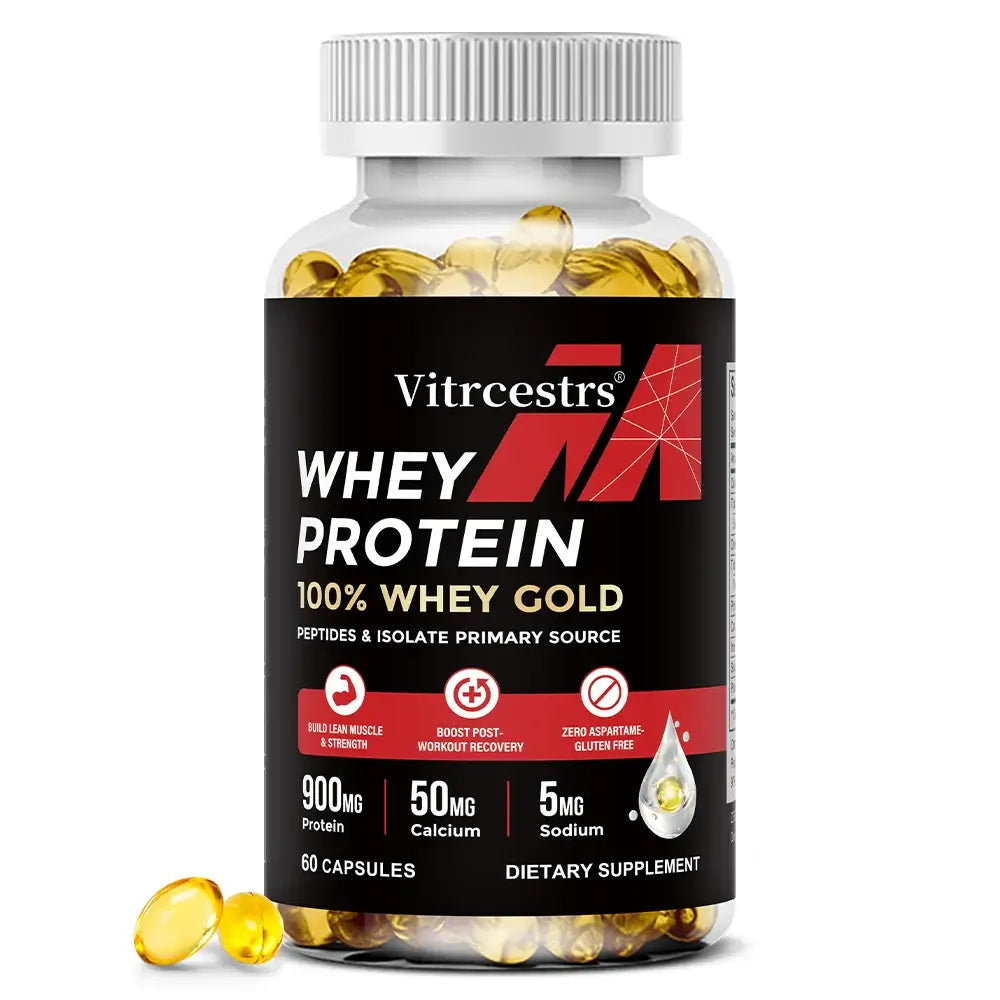 Concentrated whey protein capsules 900mg formula for natural recovery after exercise.