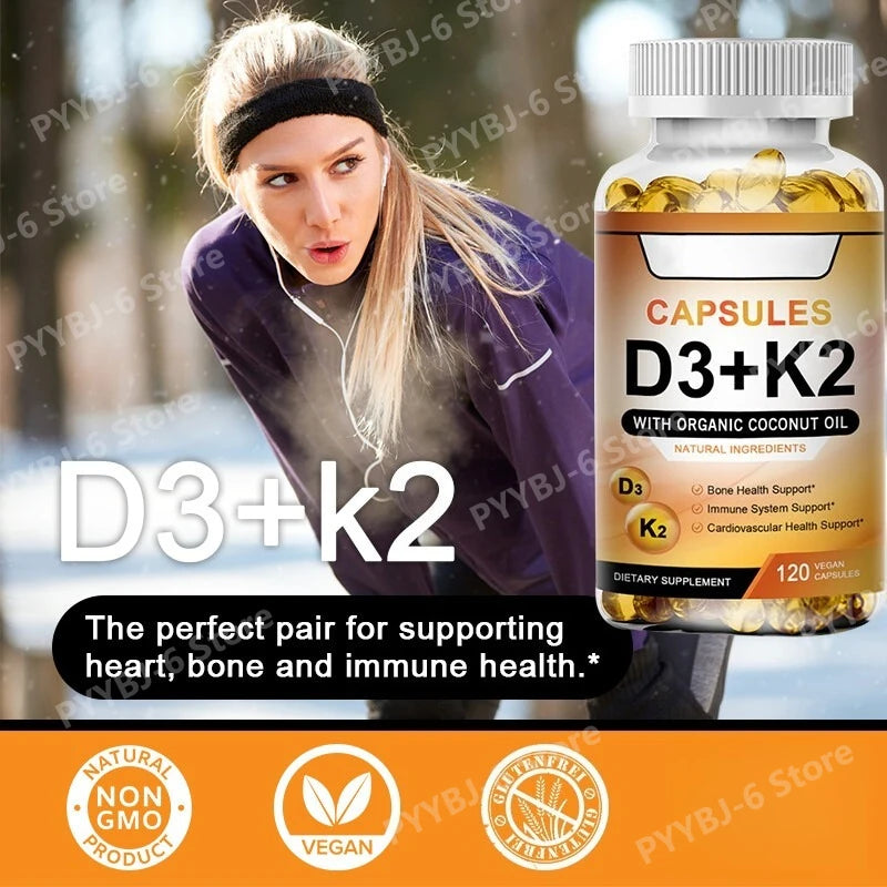 Vitamin D3 K2 with coconut oil capsules designed for the natural recovery of an active life.