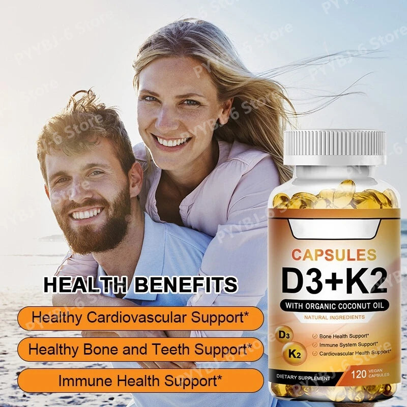 Vitamin D3 K2 with coconut oil capsules 60ct softgel bottle for immune support.