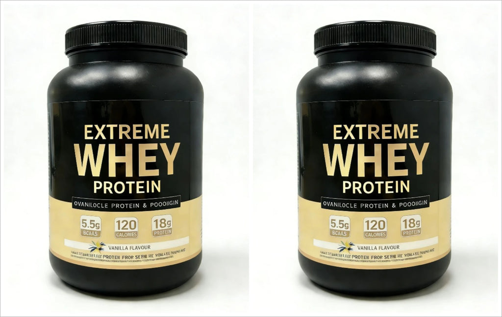 Vanilla whey protein muscle powder 30 serving tank showing 5.5g BCAA content.