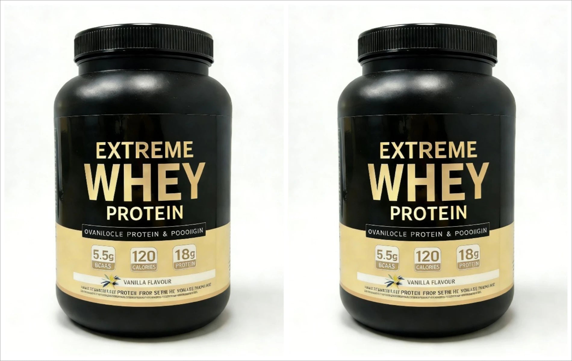 Vanilla whey protein muscle powder 30 serving tank showing 5.5g BCAA content.