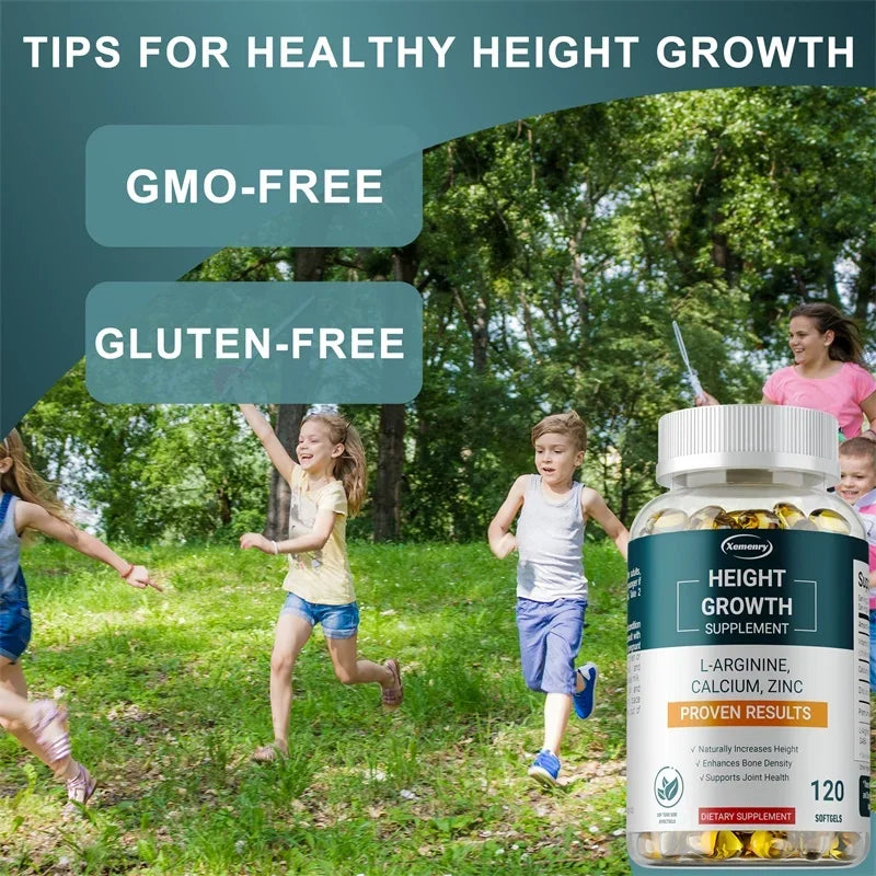 Height growth supplement with l-arginine for unisex adult and teen daily nutrition.