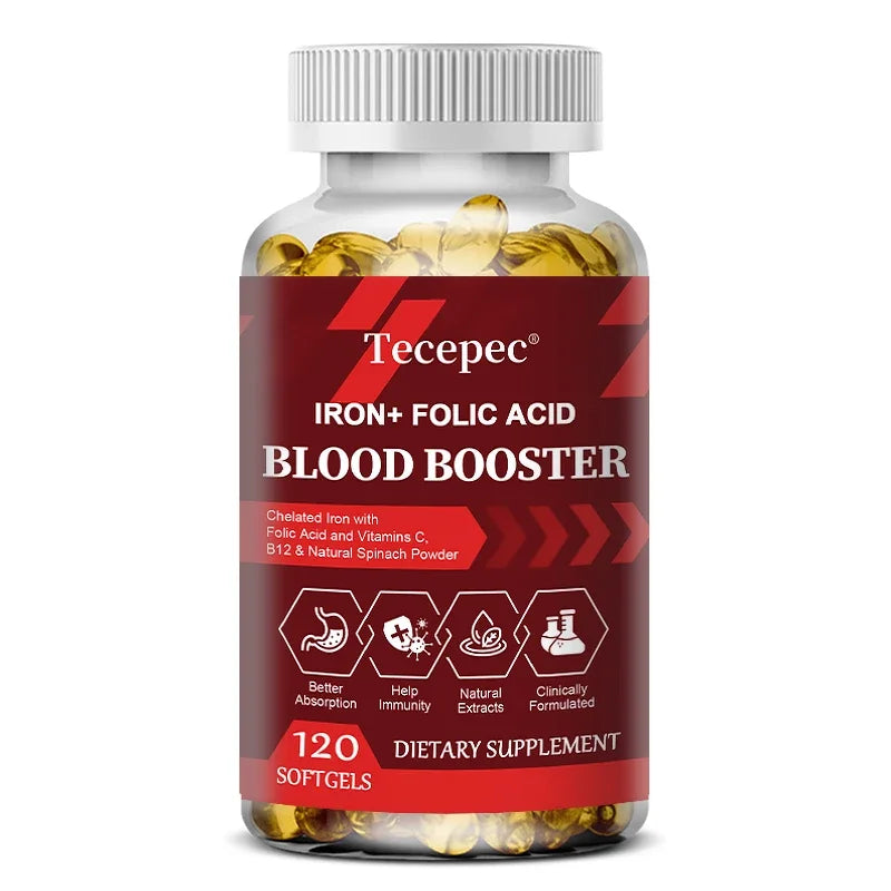 Supplément de fer et d'acide folique, avec vitamine C, B12 et zinc, fortifiant sanguin, soutien de la circulation et du système immunitaire