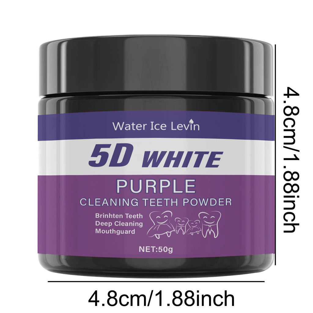Purple teeth whitening powder demonstrating the 5D color-correcting violet foam.