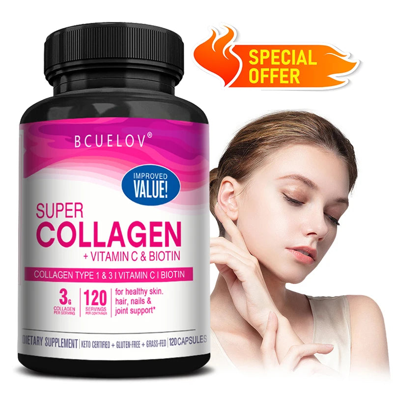 Biotin collagen vitamin c capsules for natural health benefits in daily life.