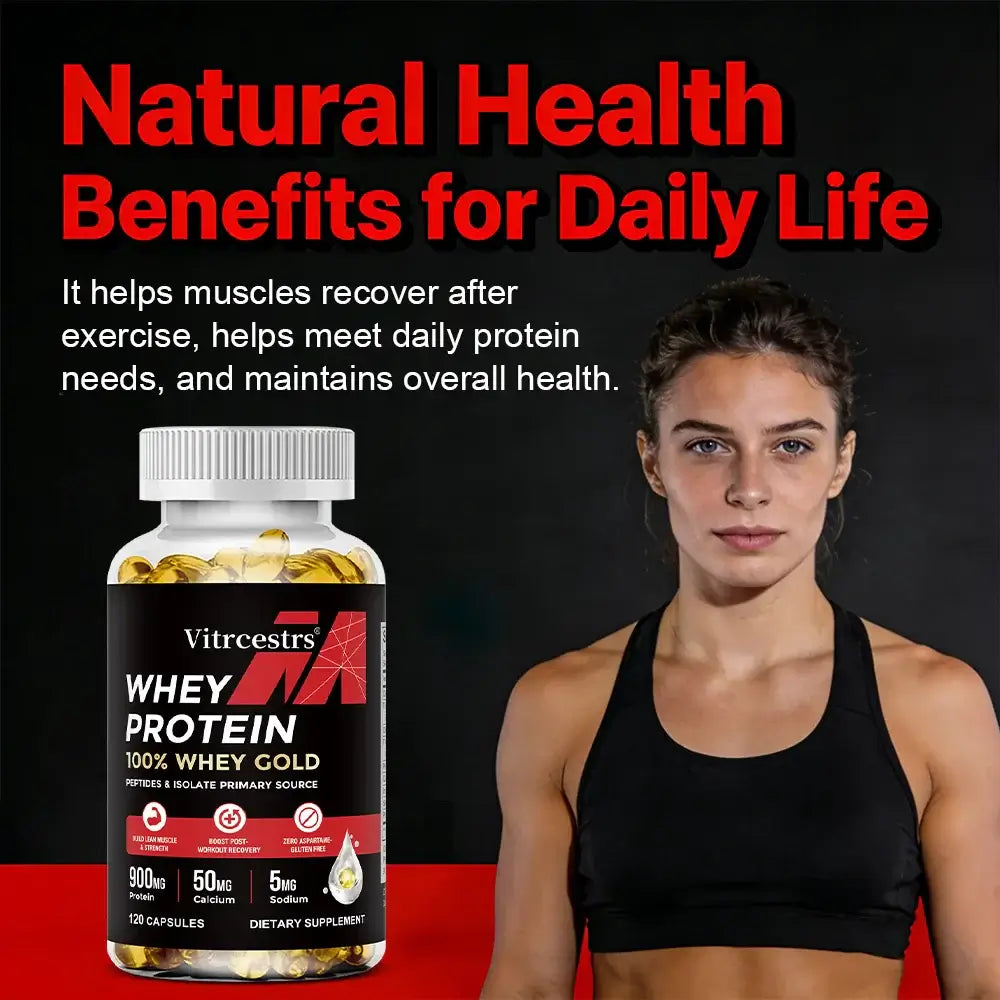 Concentrated whey protein capsules for natural health benefits in daily life.