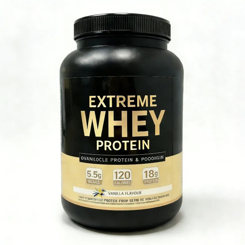 Vanilla whey protein muscle powder 30 serving tank showing 5.5g BCAA content.