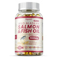 Wild alaskan salmon fish oil capsules showing 1000mg cold-pressed salmon oil.