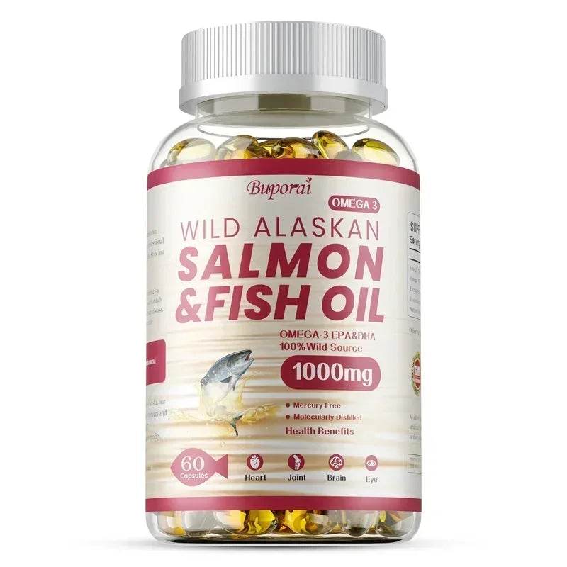 Wild alaskan salmon fish oil capsules showing 1000mg cold-pressed salmon oil.