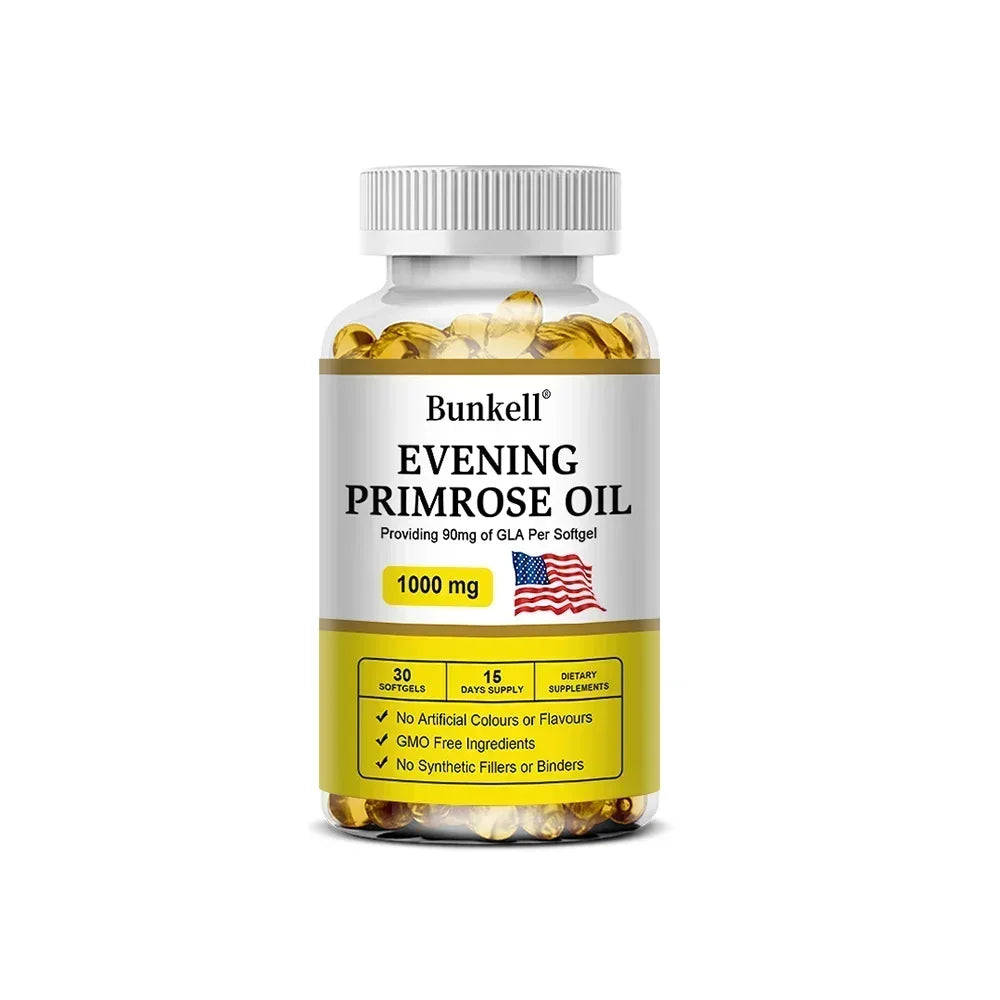 Capsules d'Huile d'Onagre - Contient de la gélatine et de la glycérine végétale pour favoriser une peau saine et un équilibre immunitaire chez les femmes