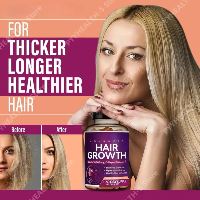 Vitamines et compléments pour la pousse des cheveux pour femmes | Biotine 10000mcg, collagène, soutien peau et ongles 120 gélules pour 60 jours