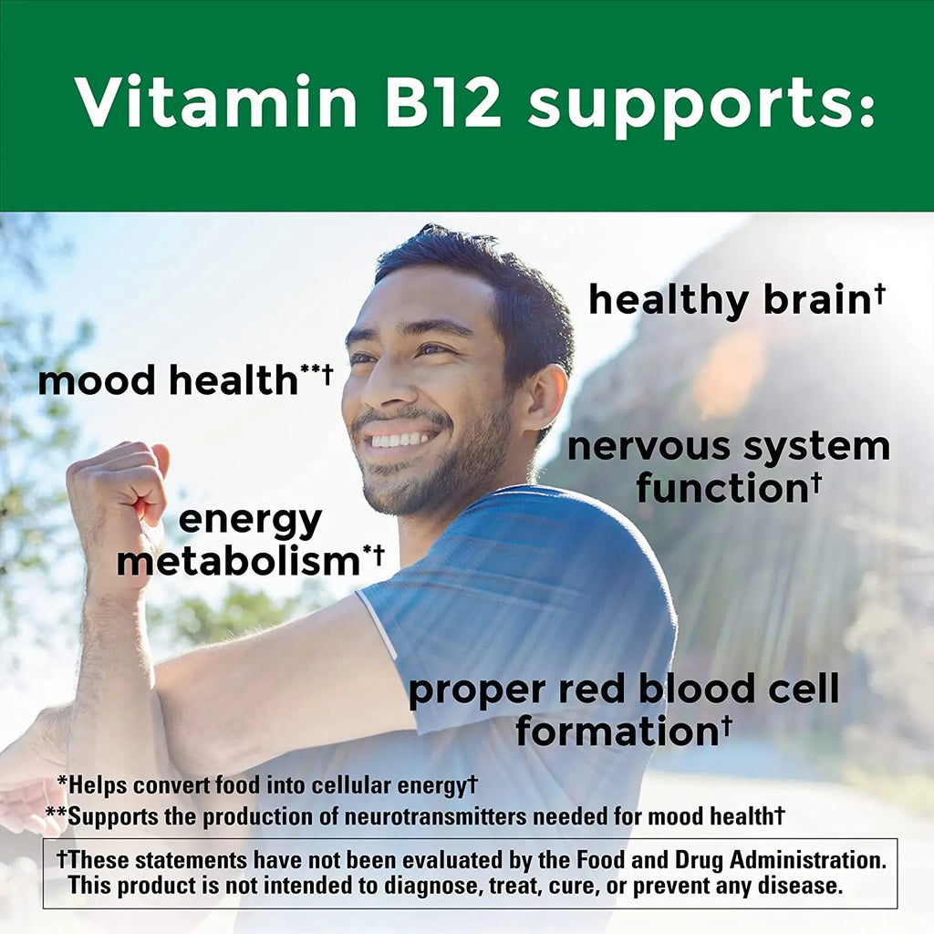 Vitamine B12 - Améliore l'humeur, améliore les fonctions cérébrales, renforce le système nerveux, augmente l'énergie, favorise le métabolisme, maintient la santé cardiaque