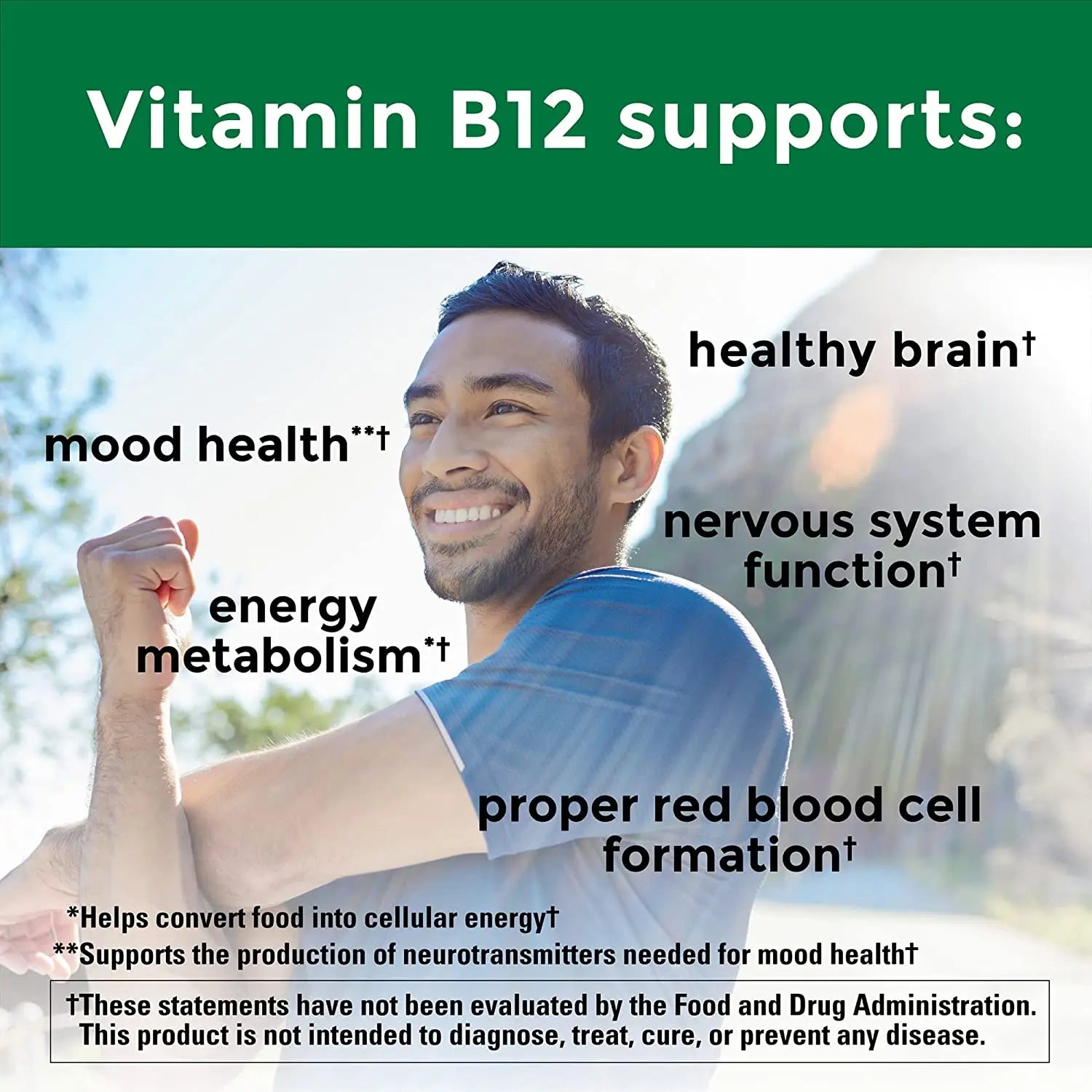 Vitamine B12 - Améliore l'humeur, améliore les fonctions cérébrales, renforce le système nerveux, augmente l'énergie, favorise le métabolisme, maintient la santé cardiaque