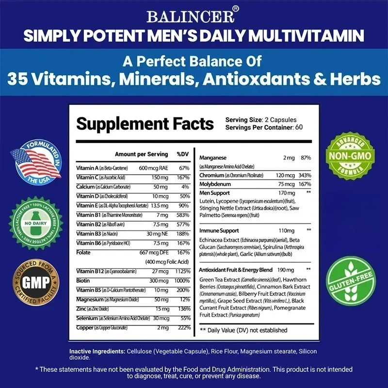 Multivitamine pour hommes - Contient des vitamines B12, B6, du zinc et du sélénium pour soutenir la coordination, la santé cardiaque, l'immunité et la prostate