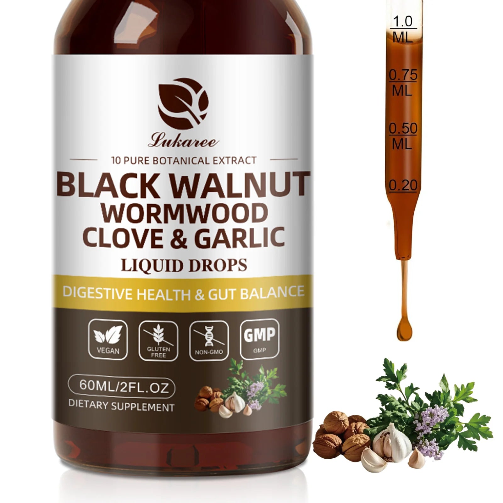 Black walnut wormwood tincture bottle with 60ml of detox and gut support.