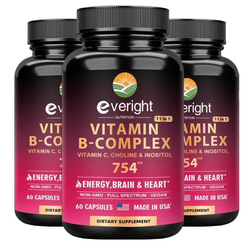 Complexe de vitamines B pour l'énergie et le soutien du cerveau et du cœur - avec B1, B2, B3, B5, B6, B7, B8, B9, B12 avec vitamine C, choline, inositol