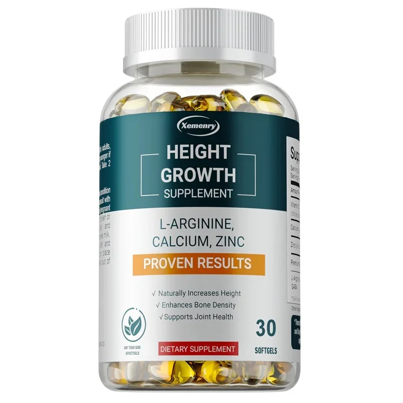 Height growth supplement with l-arginine 60 softgels bottle for peak height support.