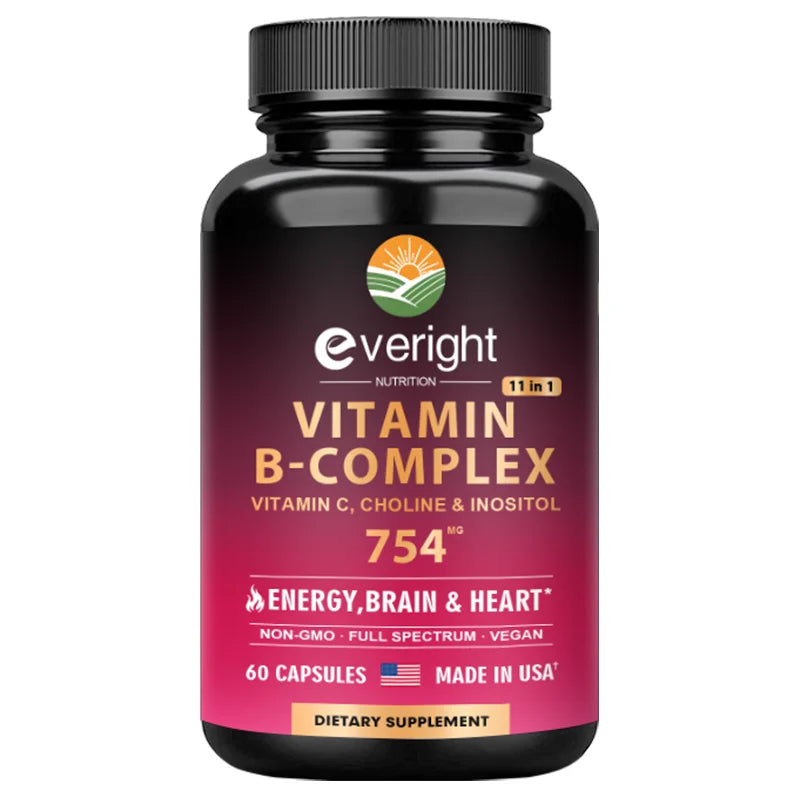 Complexe de vitamines B pour l'énergie et le soutien du cerveau et du cœur - avec B1, B2, B3, B5, B6, B7, B8, B9, B12 avec vitamine C, choline, inositol