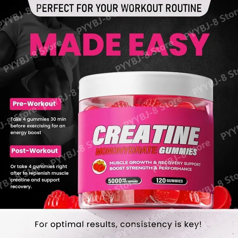 Creatine monohydrate gummies for muscle growth for increased strength and power.
