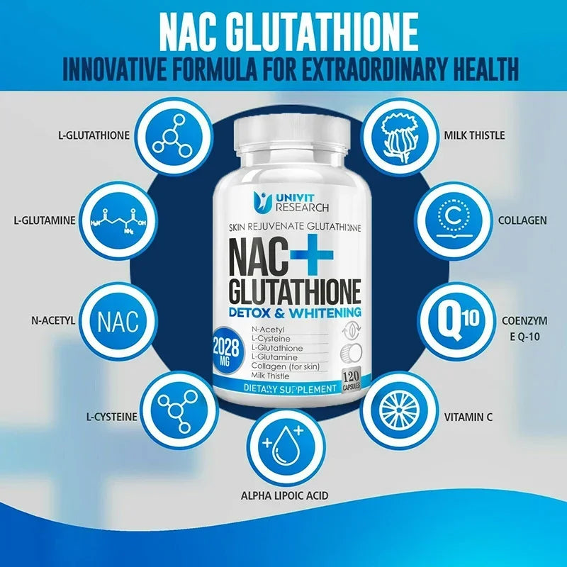 Complément de NAC + Glutathion pour la Santé de la Peau - Antioxydant, Détox, Immunité Sans OGM, 120 Gélules