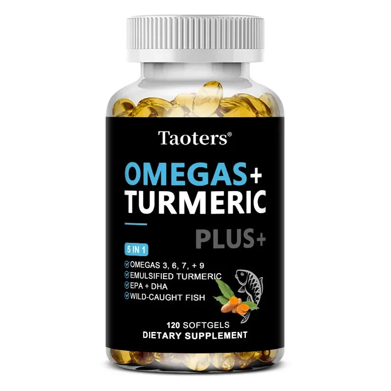 Oméga + Curcuma, 120 Gélules - Huile de Poisson (EPA & DHA) Oméga 3-6-7-9 avec Curcuma - Soutient la Santé des Articulations, du Cerveau et du Cœur