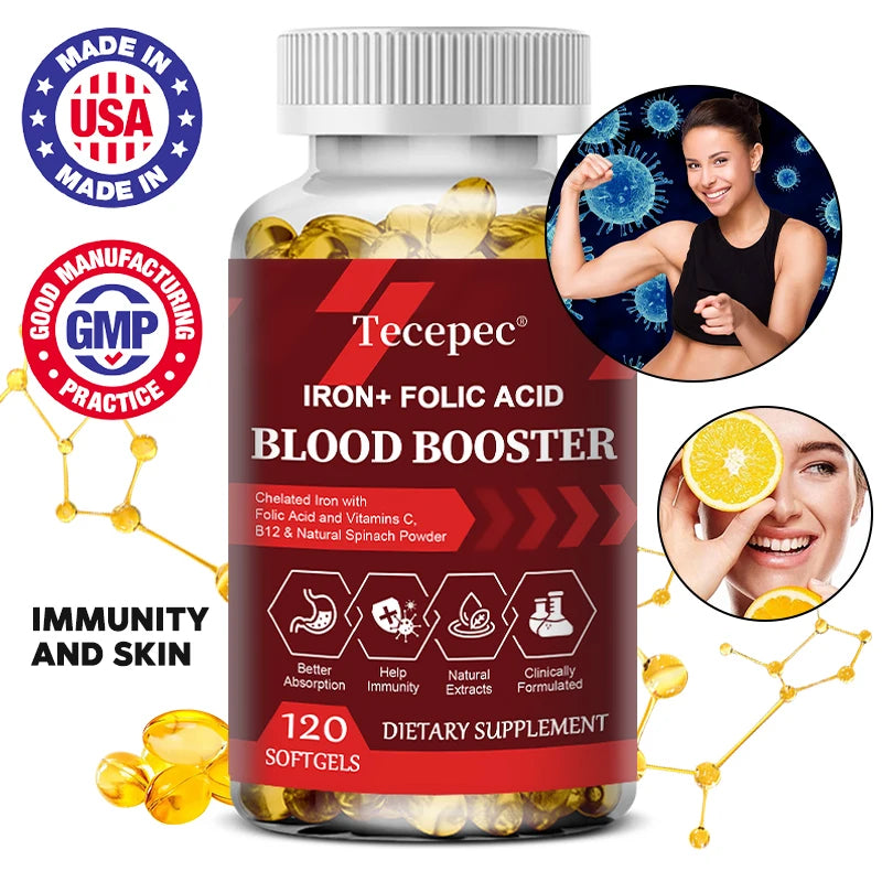 Supplément de fer et d'acide folique, avec vitamine C, B12 et zinc, fortifiant sanguin, soutien de la circulation et du système immunitaire