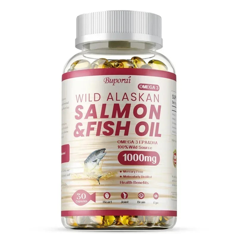 Wild alaskan salmon fish oil capsules showing 1000mg cold-pressed salmon oil.