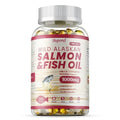 Wild alaskan salmon fish oil capsules showing 1000mg cold-pressed salmon oil.