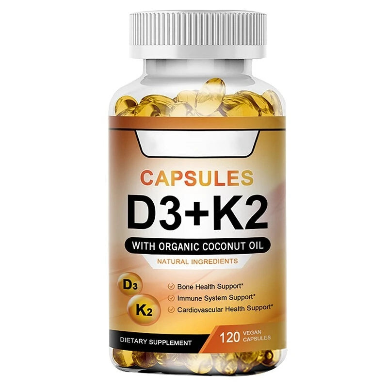 Vitamin D3 K2 with coconut oil capsules for unisex adult daily nutritional support.