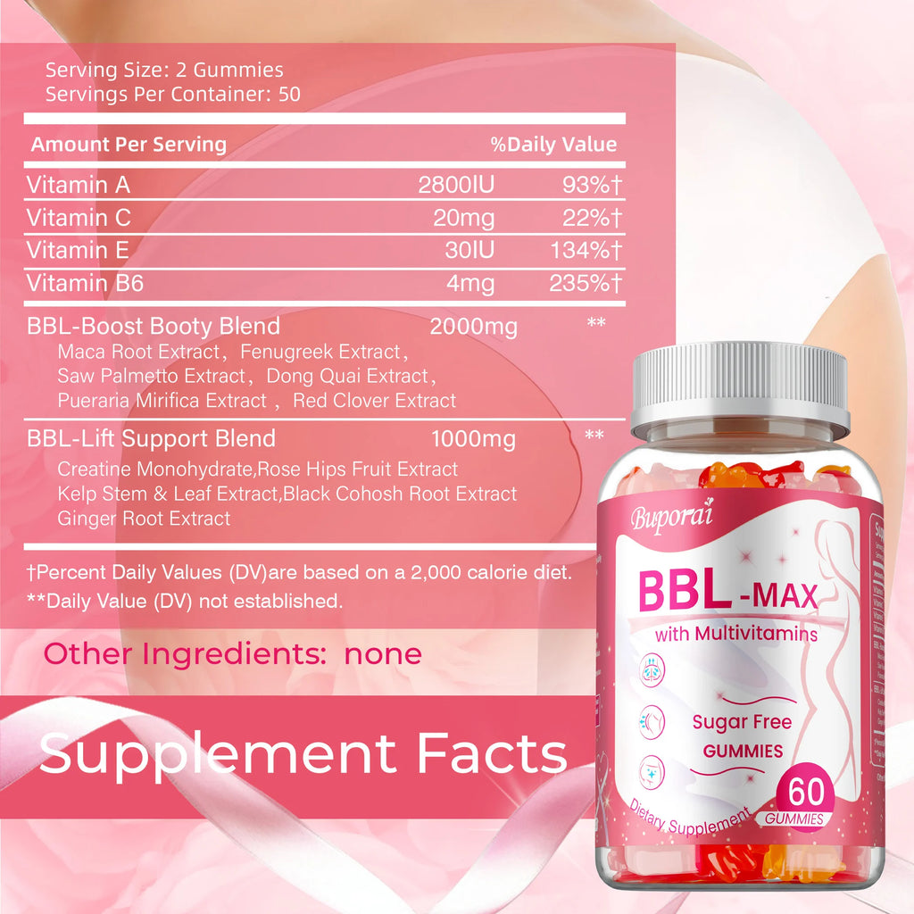 Gummies BBL MAX – Aide à soulever et maintenir la forme du corps, soulève et raffermit, façonne les fesses – 60 gélules