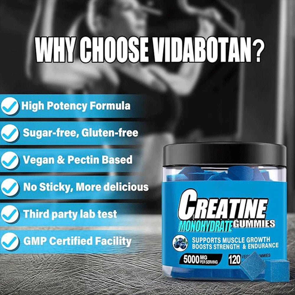 Gummies de créatine monohydrate pour hommes et femmes, soutien de la concentration, des muscles, de la force, de la récupération, de la santé cognitive et de la mémoire - Végan