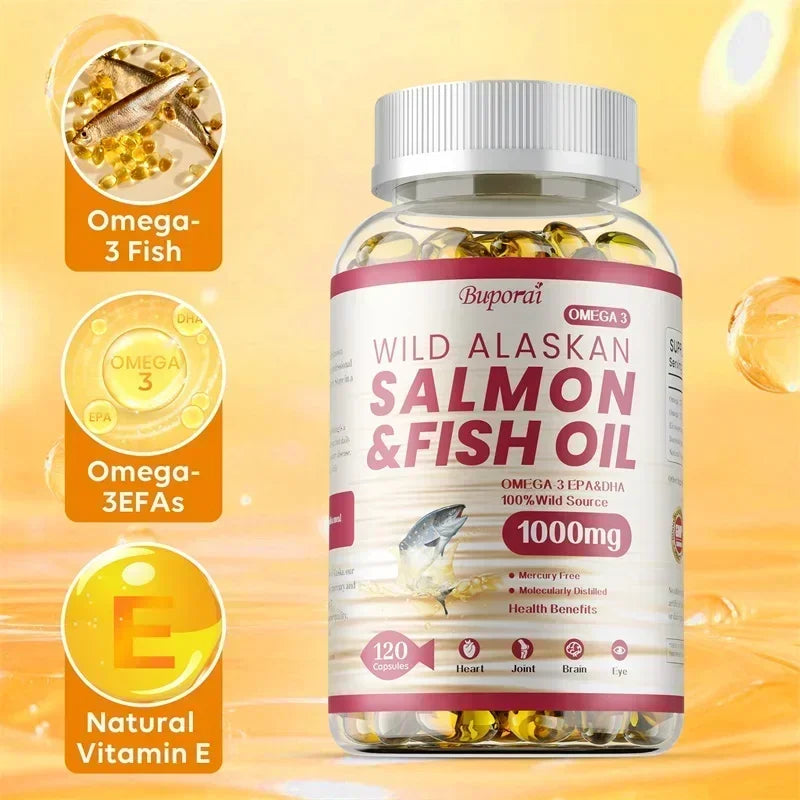 Wild alaskan salmon fish oil capsules 120 softgels for a 4-month supply.