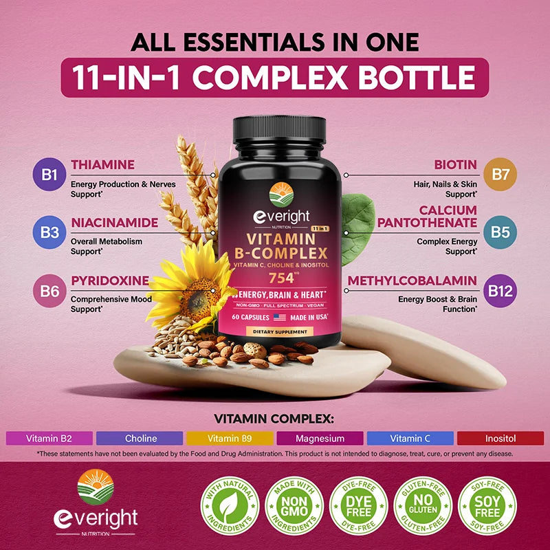 Complexe de vitamines B pour l'énergie et le soutien du cerveau et du cœur - avec B1, B2, B3, B5, B6, B7, B8, B9, B12 avec vitamine C, choline, inositol