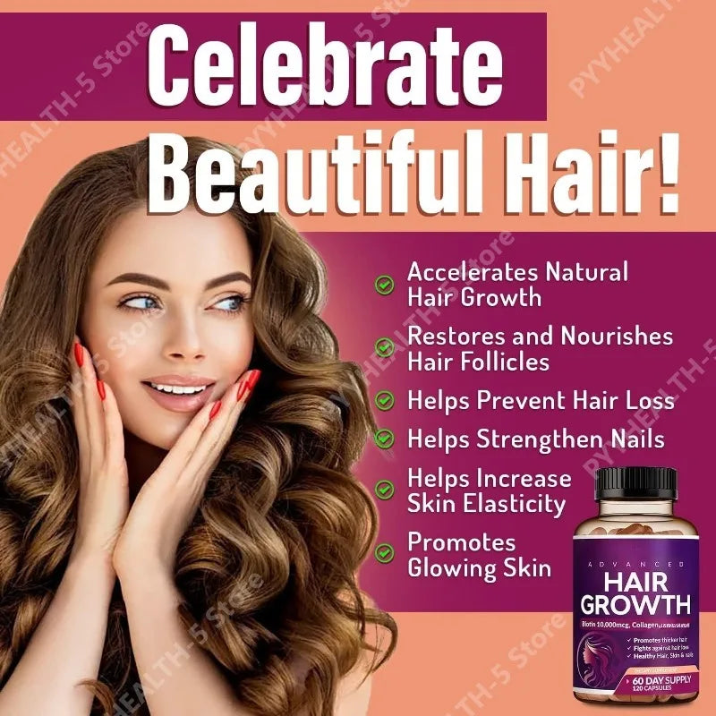 Hair Growth Vitamins Supplements for Women | Biotin 10000mcg, Collagen, Skin & Nails Support 120 Capsules 60 Day Supply