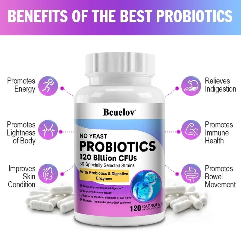 Probiotiques 120 Milliards UFC 36 Souches Contient des Prébiotiques et des Enzymes Digestives pour la Digestion et le Soutien Immunitaire Vegan, Sans OGM