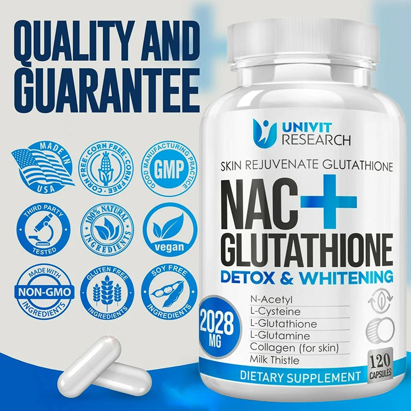 Complément de NAC + Glutathion pour la Santé de la Peau - Antioxydant, Détox, Immunité Sans OGM, 120 Gélules