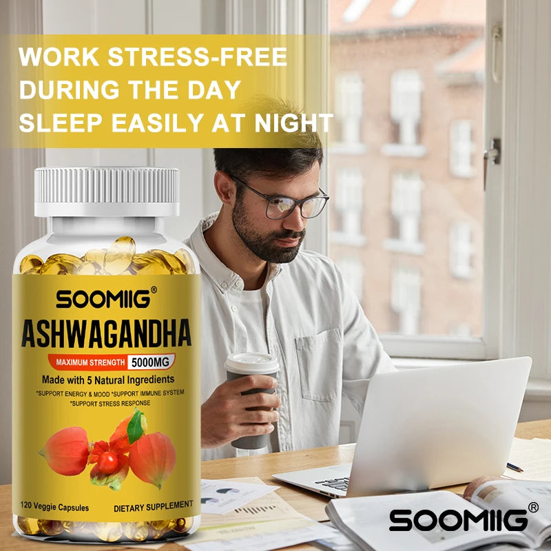 Ashwagandha Bio – Complément Soulagement du Stress & Soutien Immunitaire, Favorise des Niveaux d'Énergie Équilibrés, Capsules Végétaliennes SANS OGM
