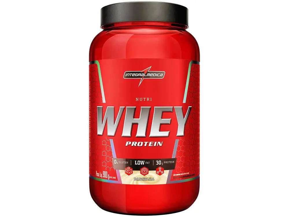 Concentrated whey protein powder 900g jar front view showing vanilla flavor.
