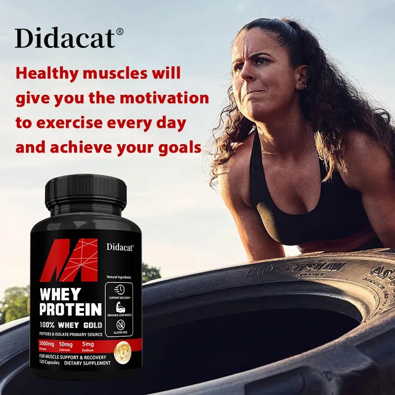High potency whey protein capsules rich in calcium and iron for muscle repair.