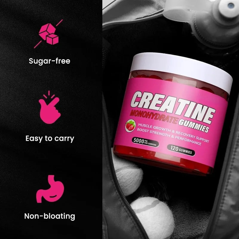 Creatine monohydrate gummies for muscle growth 60 count jar for muscle support.