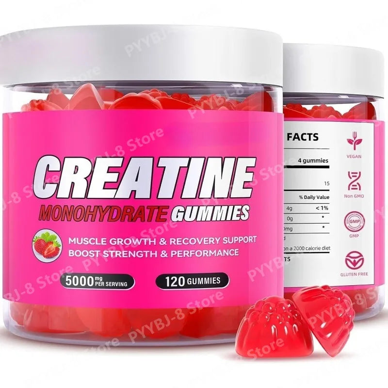 Creatine monohydrate gummies for muscle growth strawberry flavor jar and gummies.
