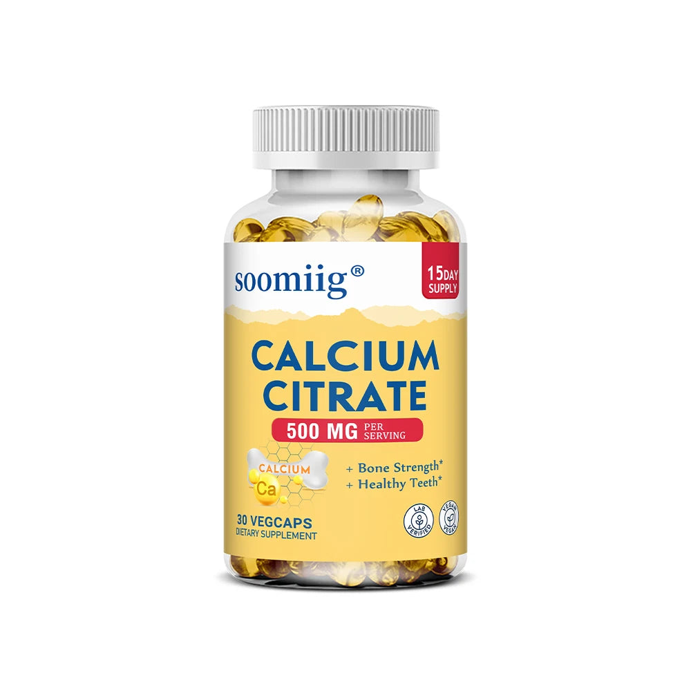 Calcium citrate bone support capsules being taken with warm water for better uptake.