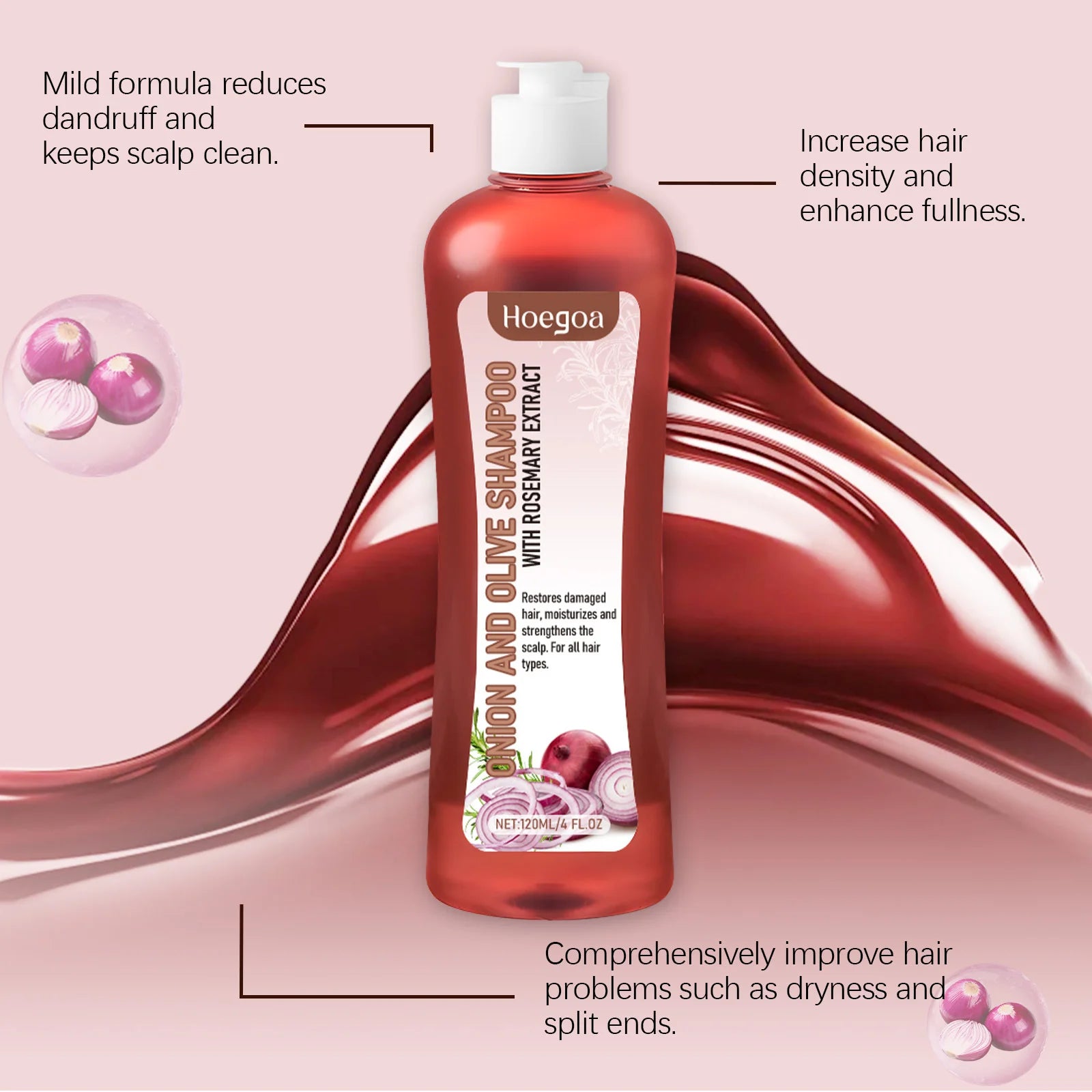 Onion rosemary hair growth shampoo 240ml bottle showing biotin and onion extracts.