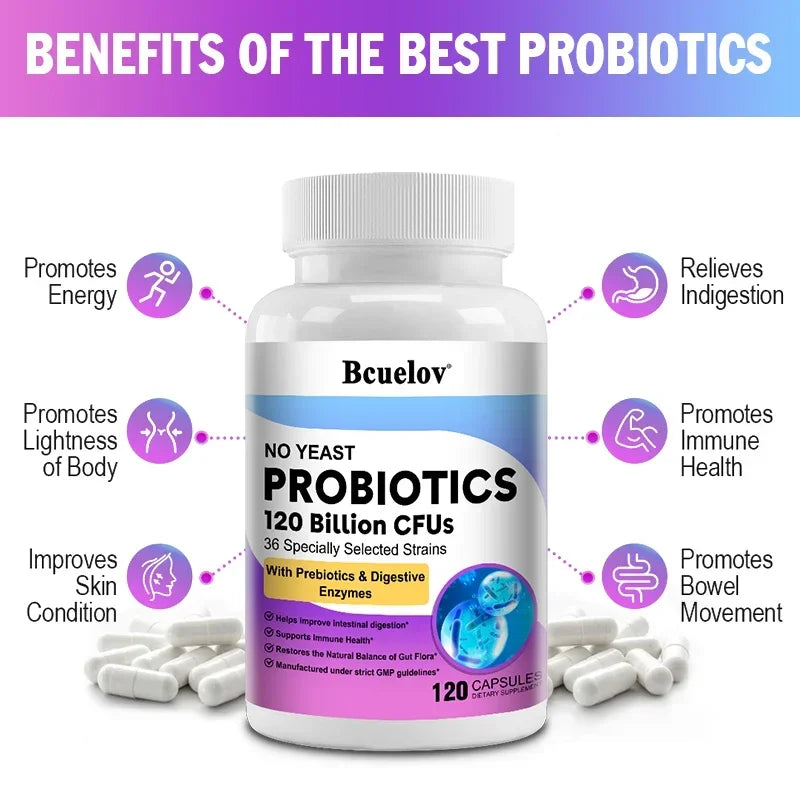 Probiotiques 120 Milliards UFC 36 Souches Contient des Prébiotiques et des Enzymes Digestives pour la Digestion et le Soutien Immunitaire Vegan, Sans OGM