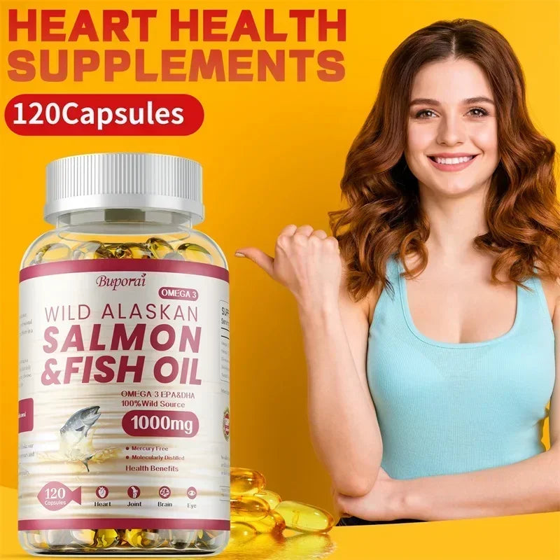 Wild alaskan salmon fish oil capsules by Buporai for daily energy and focus support.