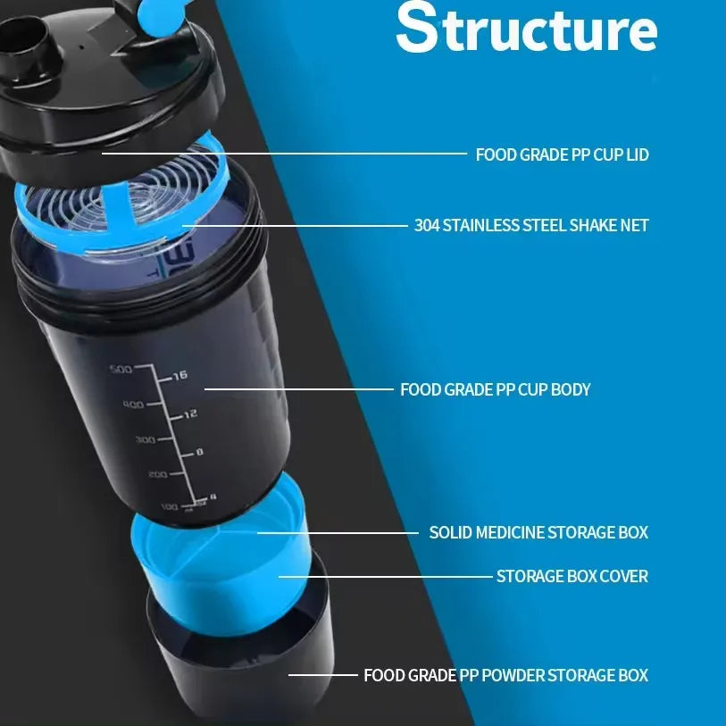 Shaker à 3 couches pour poudre de protéines, tasse à mélanger, bouteille de sport et fitness, cadeau, grande capacité, pour musculation