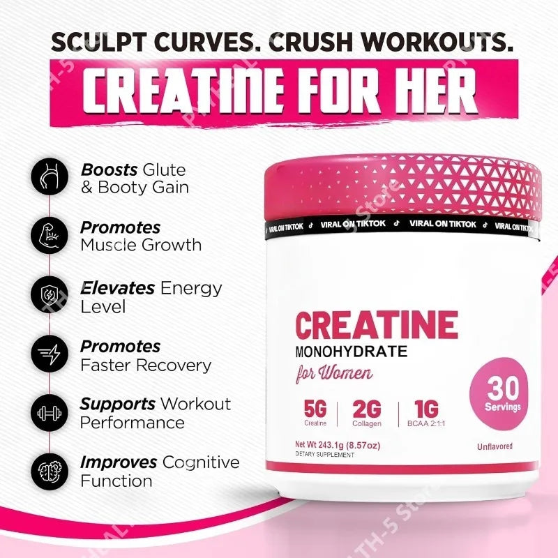 Créatine pour femmes - Supplément post-entraînement - 5000 mg de créatine, 2000 mg de collagène bovin hydrolysé pour la croissance musculaire maigre